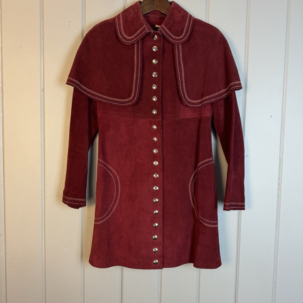 Vintage 70's Gassy Jack Heavy red Suede Duster Women's Coat Cape embroidered